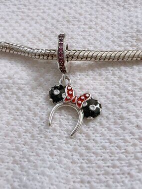 Disney Minnie Ears Headband Black With Red Bow Silver Charm For Pandora Bracelet